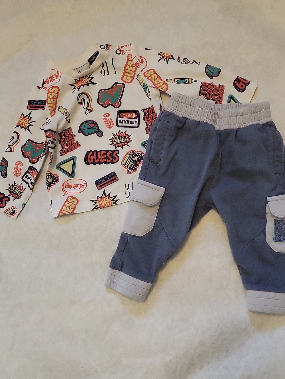 Guess white graphic long sleeve tee shirt with blue joggers